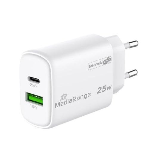 Chargeur rapide Mediarange double USB-A USB-C 25 W, protection universelle, blanc