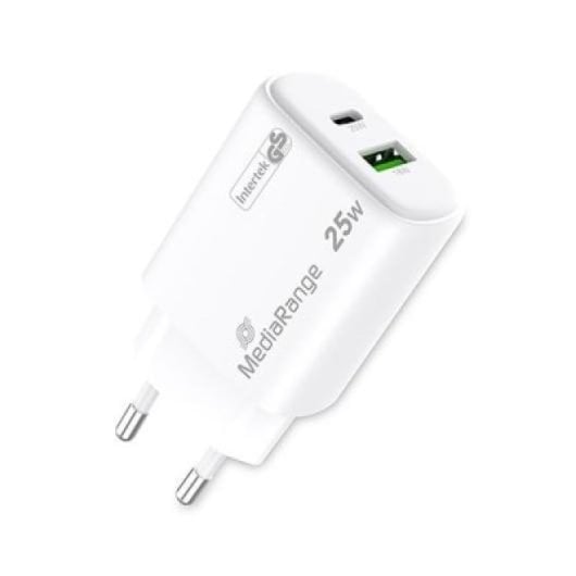Chargeur rapide Mediarange double USB-A USB-C 25 W, protection universelle, blanc