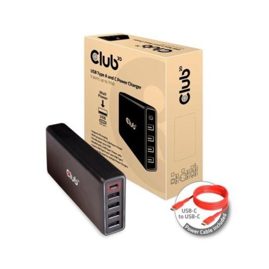 Cargador Club 3D CAC-1903 111W 5 Puertos USB-A USB-C Power Delivery Negro