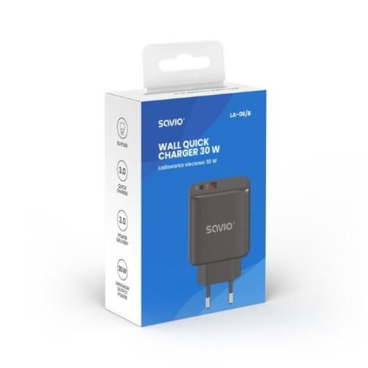 Cargador Savio LA-06 30W Dual USB 3.0 1*PD 1*USB(A) Protección Negro