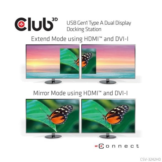 Docking Station Club 3D USB 3.2 Gen1 Type A 1x HDMI 1x DVI-I 6x USB-A RJ45 Audio 3.5 mm Negro