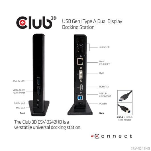 Docking Station Club 3D USB 3.2 Gen1 Type A 1x HDMI 1x DVI-I 6x USB-A RJ45 Audio 3.5 mm Negro