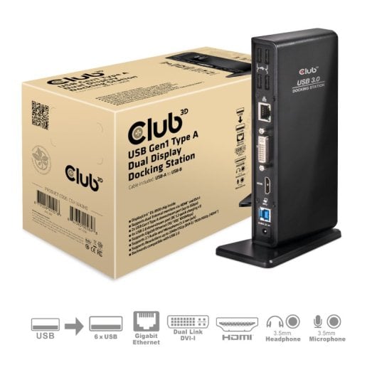 Docking Station Club 3D USB 3.2 Gen1 Type A 1x HDMI 1x DVI-I 6x USB-A RJ45 Audio 3.5 mm Negro