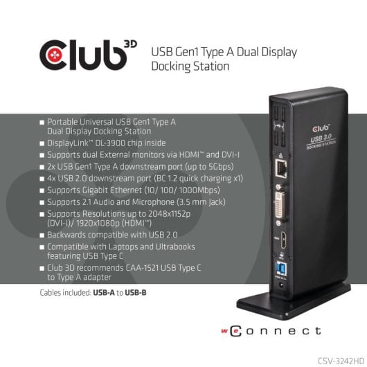 Docking Station Club 3D USB 3.2 Gen1 Type A 1x HDMI 1x DVI-I 6x USB-A RJ45 Audio 3.5 mm Negro