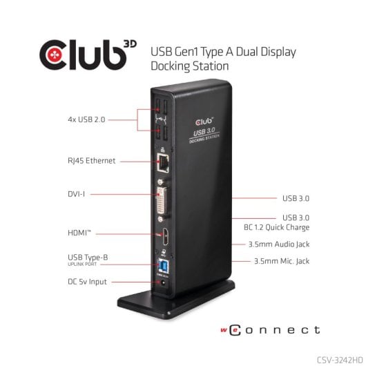 Docking Station Club 3D USB 3.2 Gen1 Type A 1x HDMI 1x DVI-I 6x USB-A RJ45 Audio 3.5 mm Negro