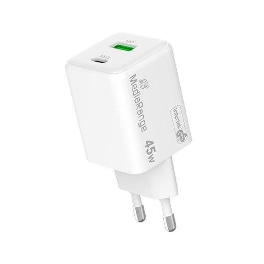 Cargador Mediarange MRMA113-2 Dual USB-A y USB-C 45W Blanco Carga Rápida Universal