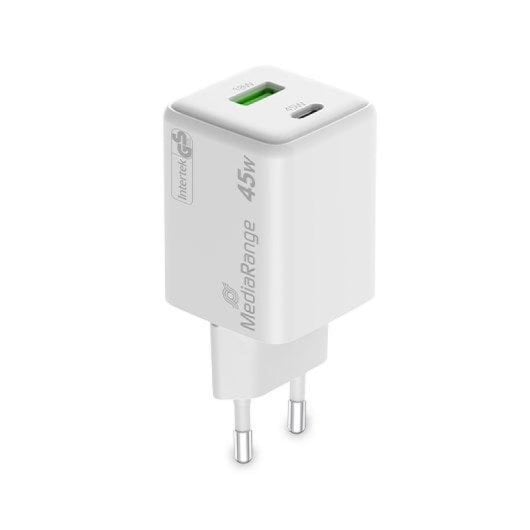 Cargador Mediarange MRMA113-2 Dual USB-A y USB-C 45W Blanco Carga Rápida Universal