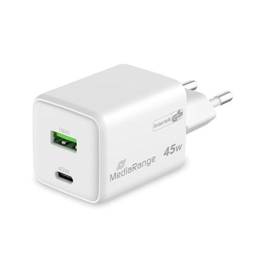 Cargador Mediarange MRMA113-2 Dual USB-A y USB-C 45W Blanco Carga Rápida Universal