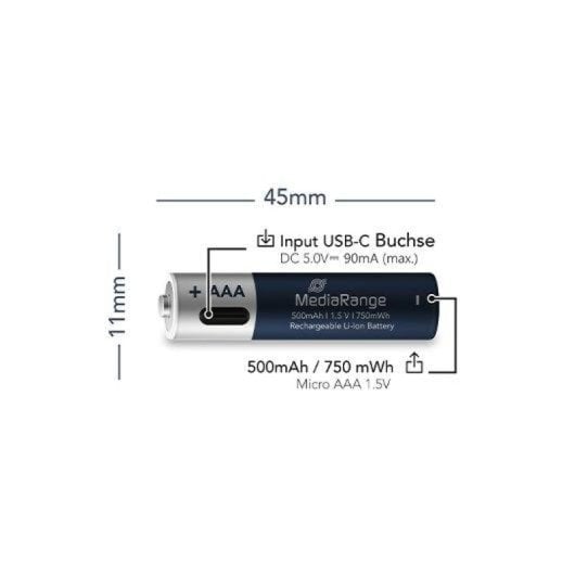 Mediarange MRBAT160 AAA 1,5 V 500 mAh wiederaufladbarer Akkupack, 4 Lithium-Ionen-Einheiten