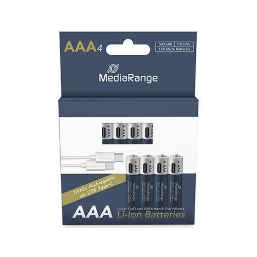 Mediarange MRBAT160 AAA 1,5 V 500 mAh wiederaufladbarer Akkupack, 4 Lithium-Ionen-Einheiten