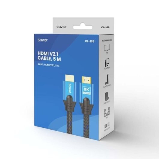 Cavo HDMI 2.1 intrecciato Savio CL-169 da 5 m, 8K blu e nero HDR 48 Gbps oro