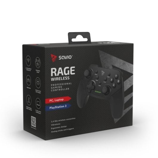 Gamepad Savio Rage W inalámbrico 2.4GHz 16 botones recarga USB-C Windows/PS3 190g negro