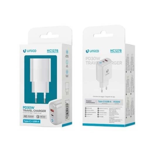 Chargeur Unico Plus HC1278 30 W double USB-C + USB-A Power Delivery 3 A Blanc