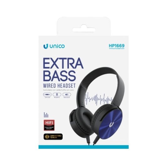 Casque Unico Plus avec câble jack 3,5 mm et microphone, bandeau bleu