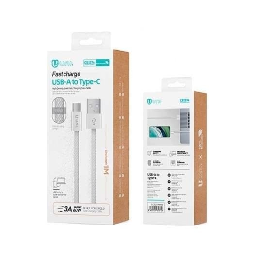 Cabo Uni USB-C para USB-A 1m 3A 60W Branco TPE Nylon Carregamento Rápido