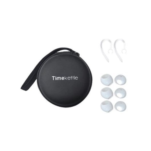 Auscultadores Timekettle com capa protetora, almofadas e ganchos para orelhas