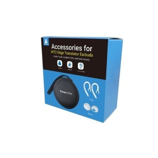Auscultadores Timekettle com capa protetora, almofadas e ganchos para orelhas