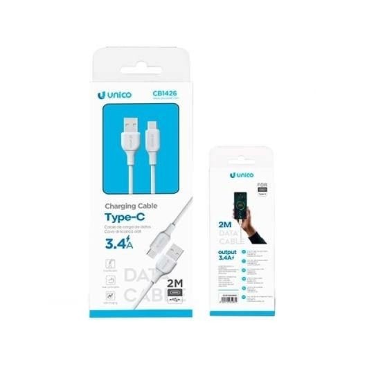 Cable USB-C a USB-A Unico Plus CB1426 2m 3.4A PVC Blanco OD 3.5mm