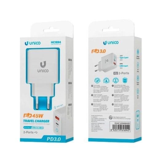 Cargador Unico Plus HC1694 45W USB A USB-C PD3.0 Blanco carga rápida