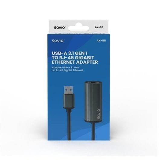 Adaptateur Savio AK-55 USB-A 3.1 Gen 1 vers RJ-45 Gigabit Ethernet 1000 Mbit/s 18 cm Gris mat