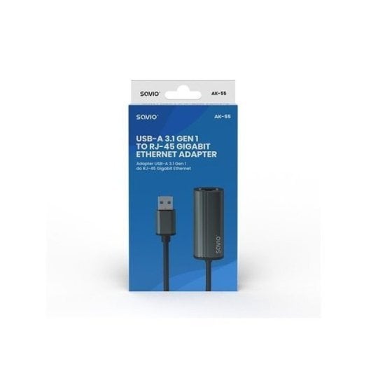 Adaptateur Savio AK-55 USB-A 3.1 Gen 1 vers RJ-45 Gigabit Ethernet 1000 Mbit/s 18 cm Gris mat