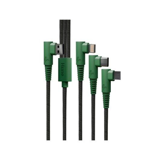 Câble tressé Hune ECO 1,2 m 3 A 3 en 1 Vert forêt/Noir USB-A vers Lightning/USB-C/Micro-USB Charge rapide