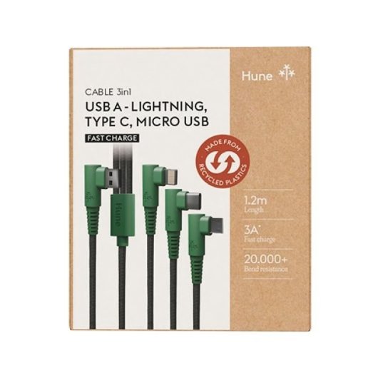 Câble tressé Hune ECO 1,2 m 3 A 3 en 1 Vert forêt/Noir USB-A vers Lightning/USB-C/Micro-USB Charge rapide