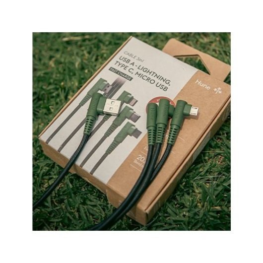 Câble tressé Hune ECO 1,2 m 3 A 3 en 1 Vert forêt/Noir USB-A vers Lightning/USB-C/Micro-USB Charge rapide