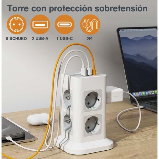 Regleta de enchufes Oscaconnect vertical 8 Schuko protección sobretensión 2 USB A 1 USB C carga rápida
