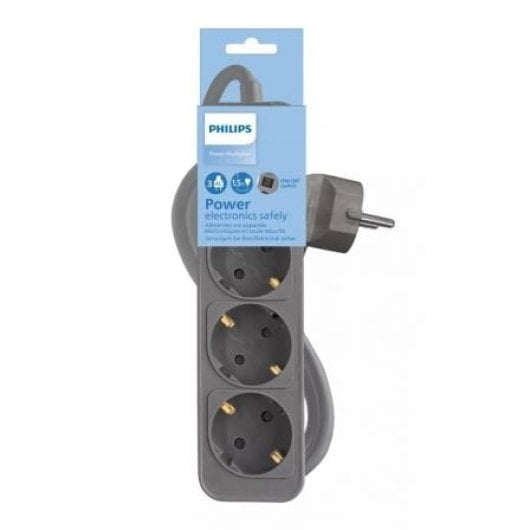 Philips CHP2134G 3er Schuko-Steckdosenleiste, 1,5m Kabel, grau, LED, Sicherheitsschalter