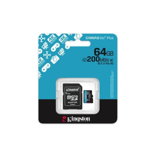 Tarjeta MicroSD Kingston Canvas Go Plus Gen4 64GB 200MB/s A2 U3 V30 con adaptador