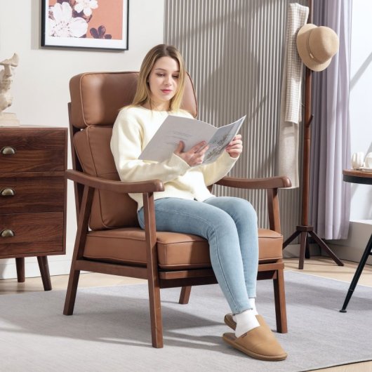 Homcom Poltrona com Estofo PU Castanho e Estrutura de Nogueira