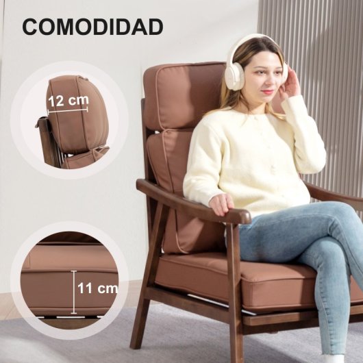 Homcom Poltrona com Estofo PU Castanho e Estrutura de Nogueira