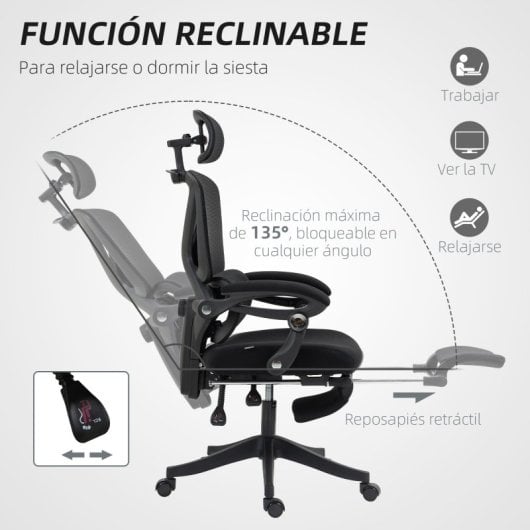 Homcom Silla De Escritorio De Malla Reclinable Con Reposacabezas Negro