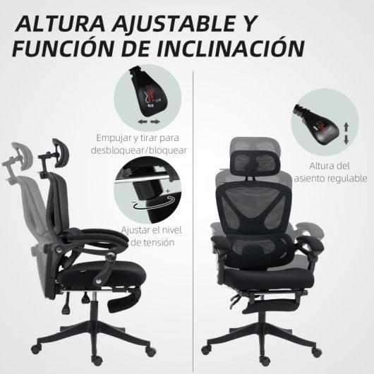 Homcom Silla De Escritorio De Malla Reclinable Con Reposacabezas Negro
