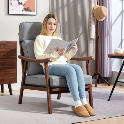 Homcom Poltrona com Estofo PU Cinzento e Estrutura de Nogueira