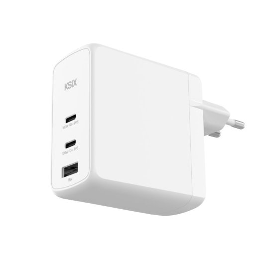 Ksix 100w Cargador De Red, Gan, Pps, Power Delivery, Materiales Sostenibles, 2 X Usb-c + 1 X Usb-a, Blanco