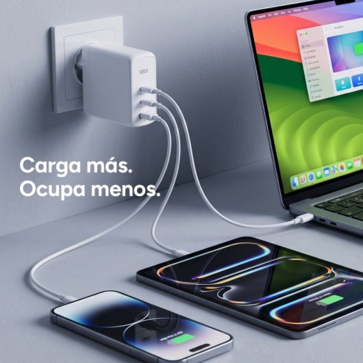 Ksix Carregador 100W com Gan, PPS, Power Delivery, Materiais Sustentáveis, 2x USB-C + 1x USB-A, Branco