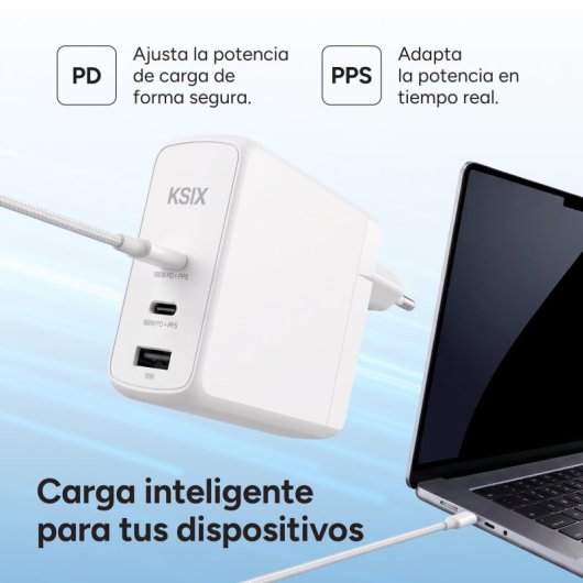 Ksix Carregador 100W com Gan, PPS, Power Delivery, Materiais Sustentáveis, 2x USB-C + 1x USB-A, Branco