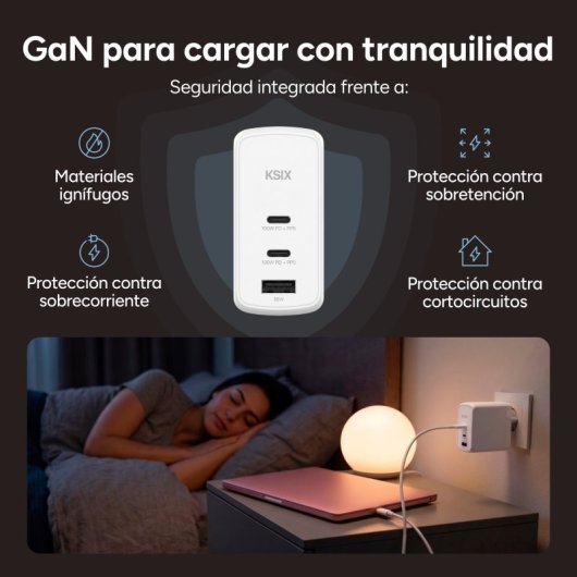 Ksix Carregador 100W com Gan, PPS, Power Delivery, Materiais Sustentáveis, 2x USB-C + 1x USB-A, Branco