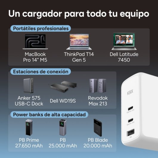 Ksix Carregador 100W com Gan, PPS, Power Delivery, Materiais Sustentáveis, 2x USB-C + 1x USB-A, Branco