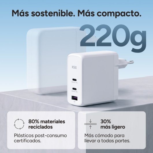 Ksix Carregador 100W com Gan, PPS, Power Delivery, Materiais Sustentáveis, 2x USB-C + 1x USB-A, Branco