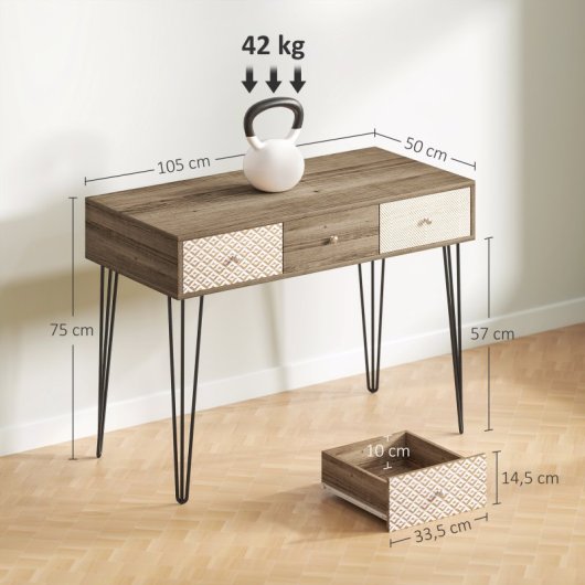 Homcom Escritorio Bohemio Con 3 Cajones Y Patas Horquilla 105x50x75 Cm Madera