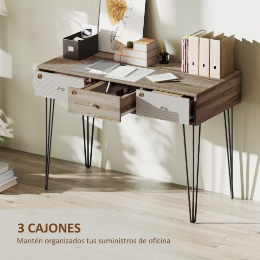 Homcom Escritorio Bohemio Con 3 Cajones Y Patas Horquilla 105x50x75 Cm Madera