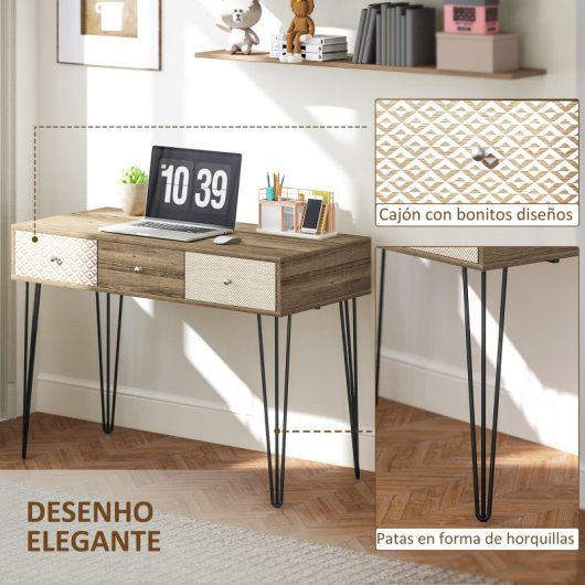 Homcom Escritorio Bohemio Con 3 Cajones Y Patas Horquilla 105x50x75 Cm Madera