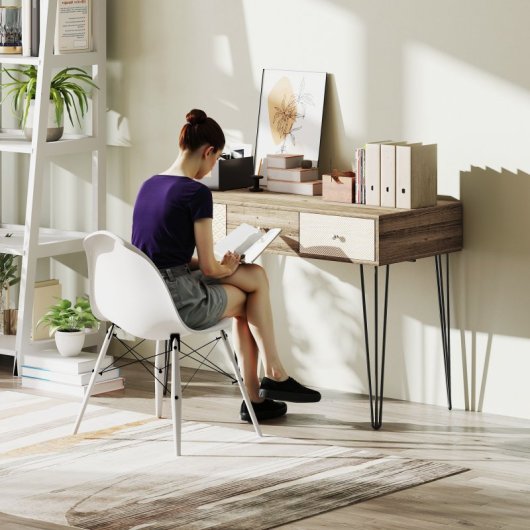 Homcom Escritorio Bohemio Con 3 Cajones Y Patas Horquilla 105x50x75 Cm Madera