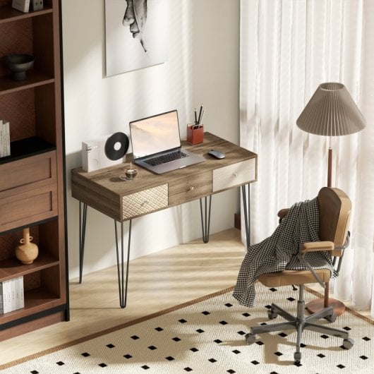Homcom Escritorio Bohemio Con 3 Cajones Y Patas Horquilla 105x50x75 Cm Madera