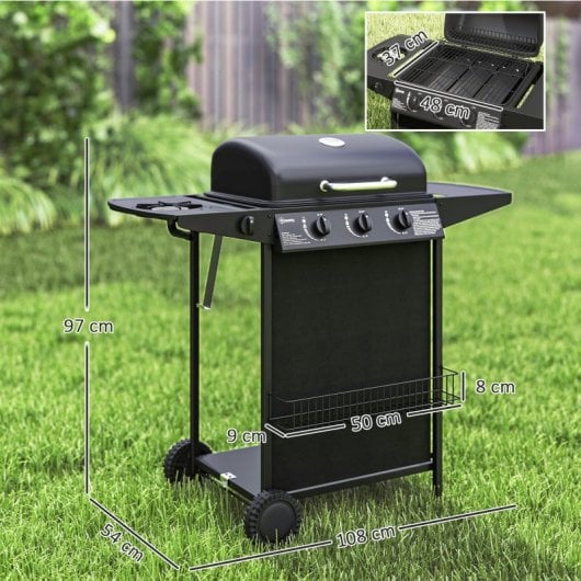 Outsunny Barbacoa De Gas Con 3+1 Quemadores 9,5 Kw Termómetro Mesa Lateral Negro