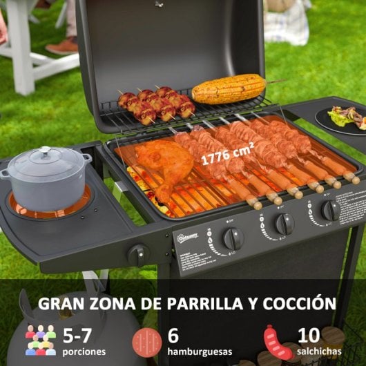 Outsunny Barbacoa De Gas Con 3+1 Quemadores 9,5 Kw Termómetro Mesa Lateral Negro