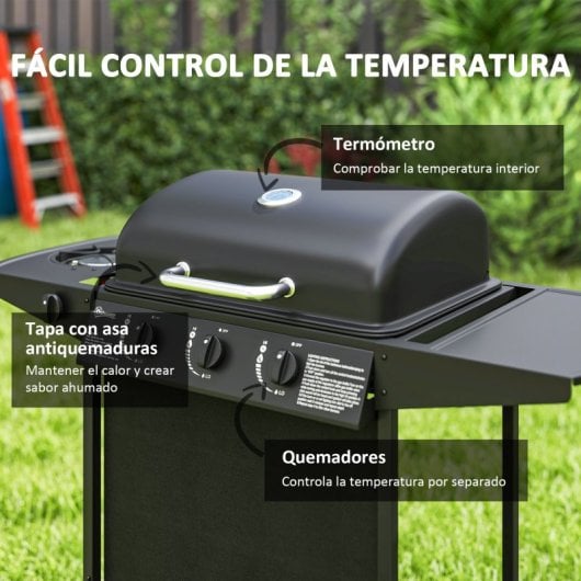 Outsunny Barbacoa De Gas Con 3+1 Quemadores 9,5 Kw Termómetro Mesa Lateral Negro